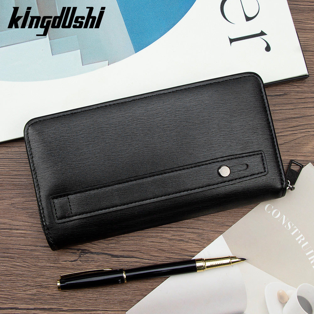Men's Brushed Leather Pattern Long Clutch Large Capacity Change Wrist Strap Men's Wallet