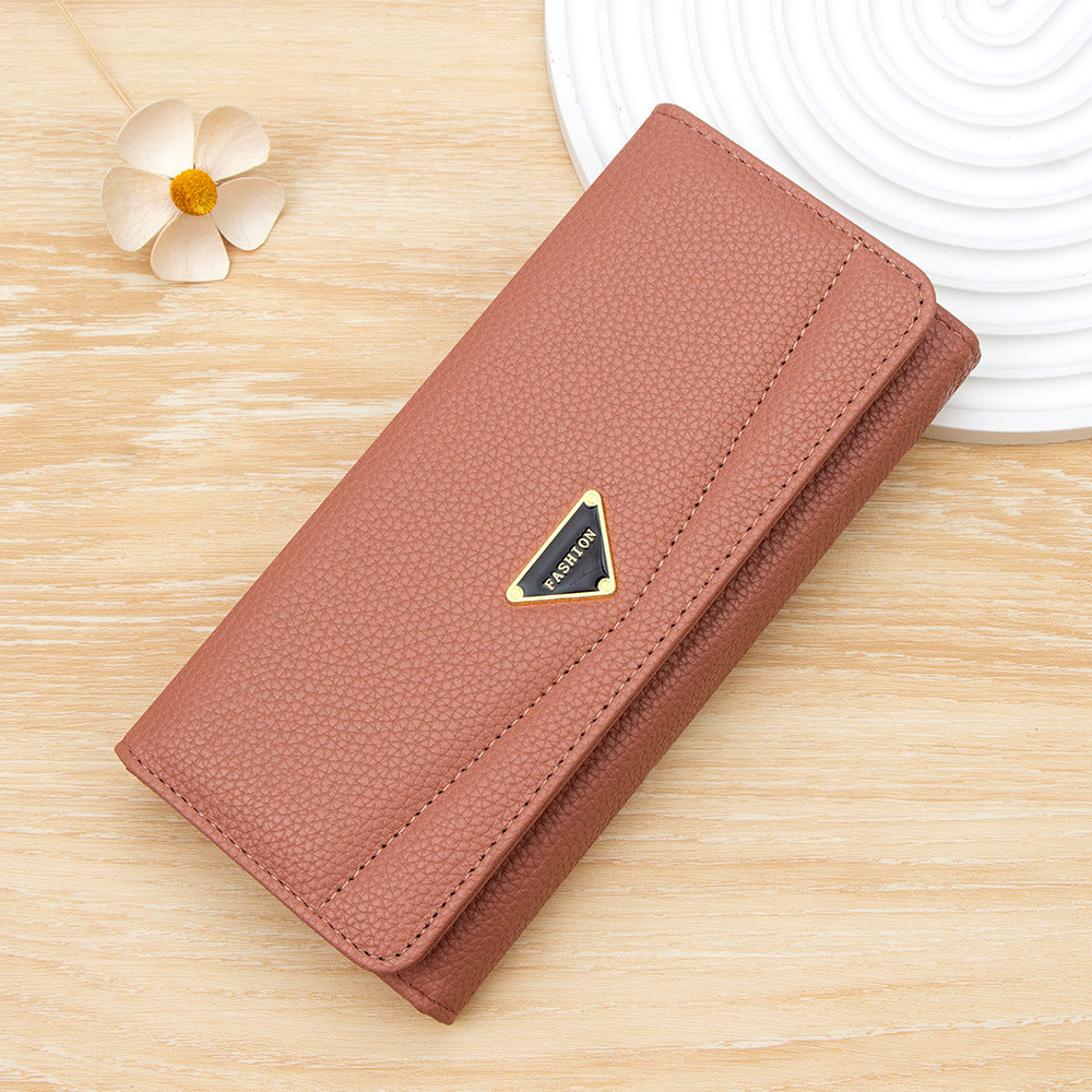 Solid Color Litchi Pattern Long Two Ladies Wallet