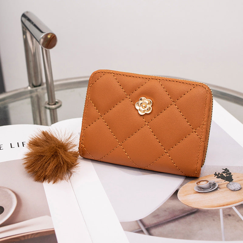 Women's Fashion Rhombus Short Fur Ball Rose Ladies Wallet