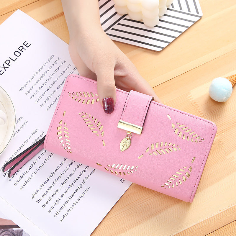 Women's Korean Long Fashion Clutch Hollow Leaves Zipper Bags