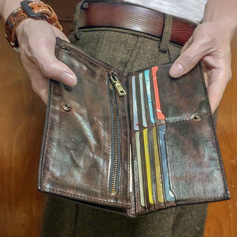 Men's Layer Cowhide Handmade Distressed Pleated Long Men's Wallets