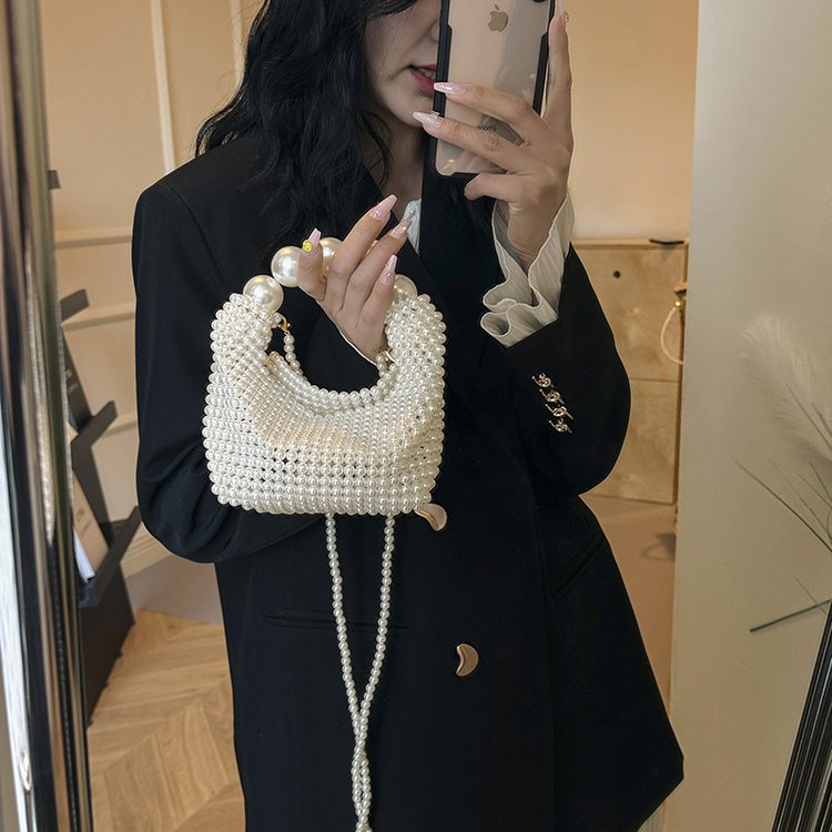 Retro French Hollow Fairy Pearl Hand-woven Beads Boston Crossbody Bags