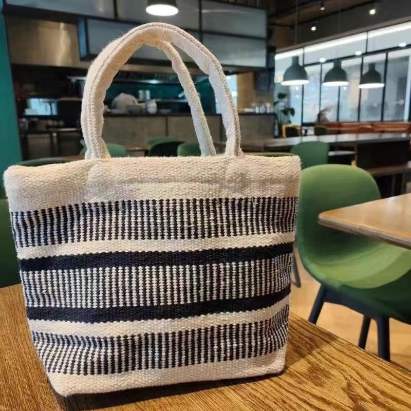 Navy Blue Striped Hand-woven Lunch Cotton Women's Handbag