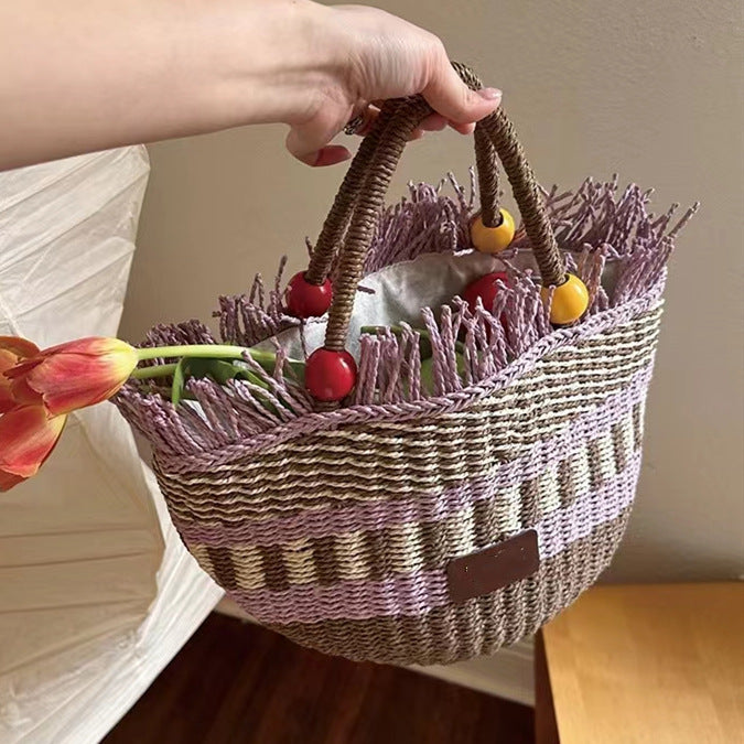 Basket Tassel Wooden Bead Decoration Cute Handbags