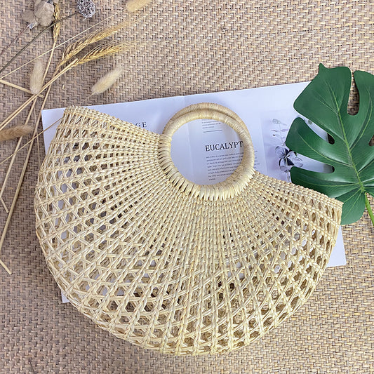 Women's Handmade Yellow Grass Hollow Semicircle Woven Handbags