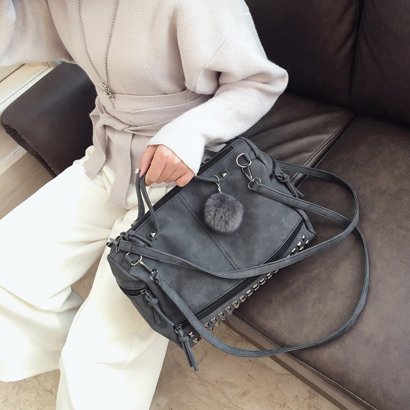 Women's Frosted Fur Ball Motorcycle Big Rivet Women's Handbag