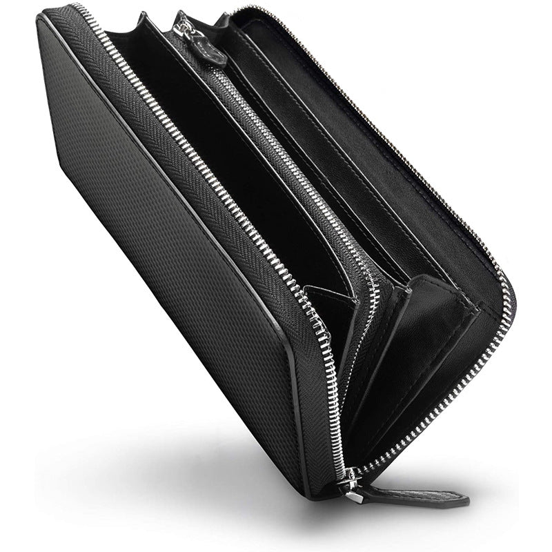 Men's Slots Carbon Fiber Long Zip Genuine Leather Men's Wallet
