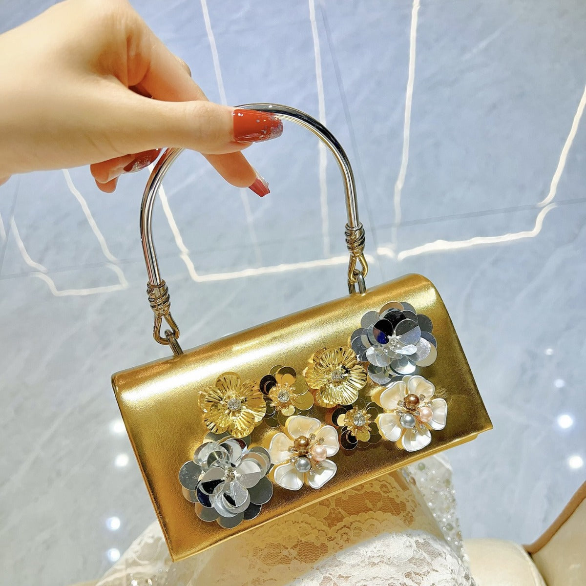 Classic Style Fashion Sequined Flower Banquet Bucket Bags