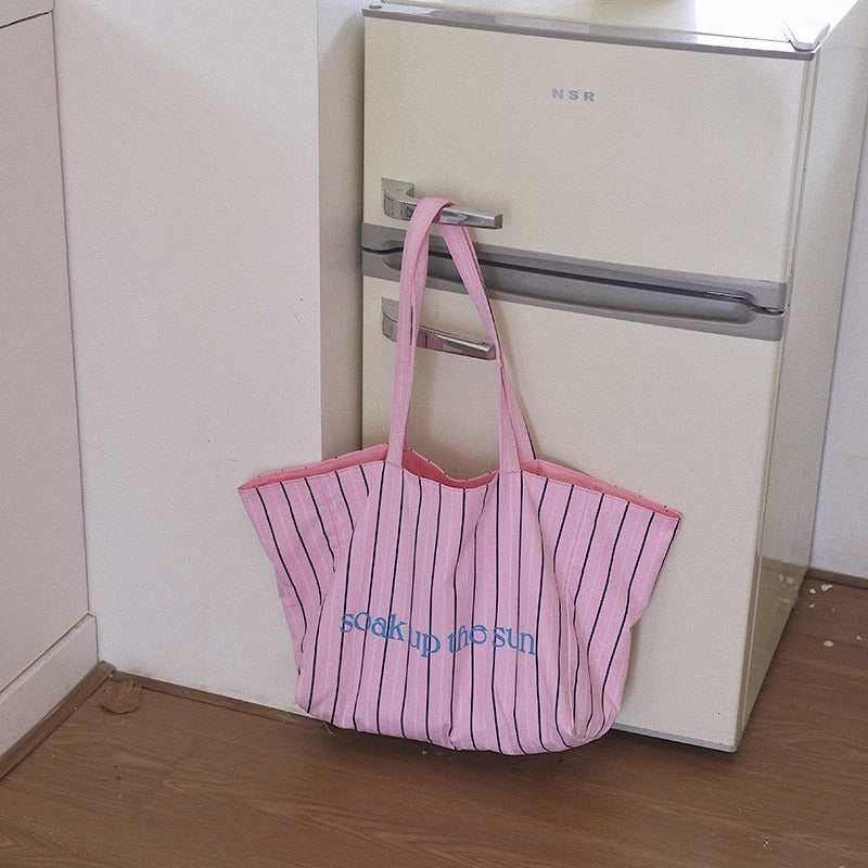 Women's Korean Fashion Striped Canvas Large Capacity Totes Shoulder Bags