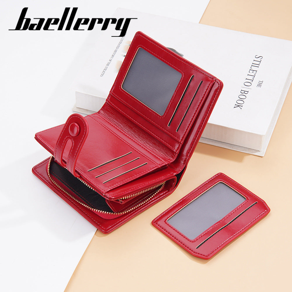 Women's Short Glossy Oil Wax Leather Multiple Slots Purses
