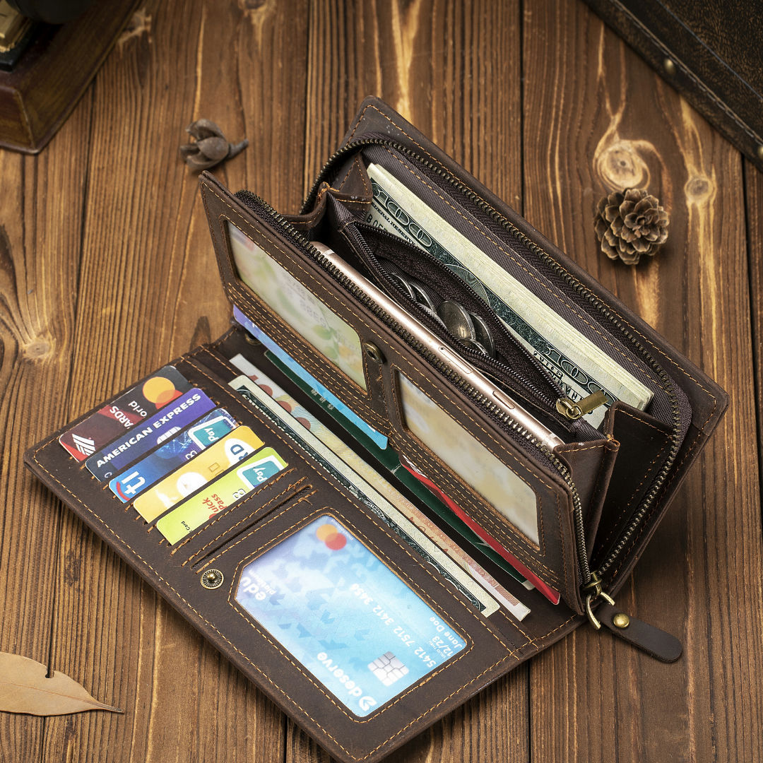 Men's Clutch Crazy Horse Leather Long Zipper Men's Wallets