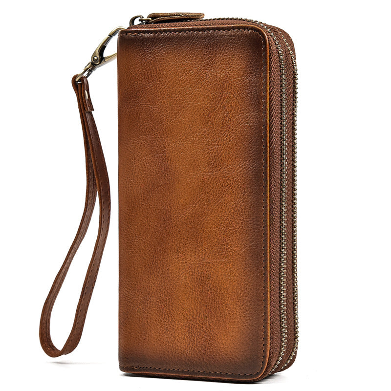 Men's Crazy Horse Leather Long Real Zipper Cowhide Men's Wallets