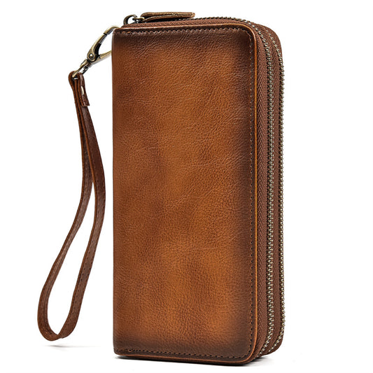 Men's Crazy Horse Leather Long Real Zipper Cowhide Men's Wallets