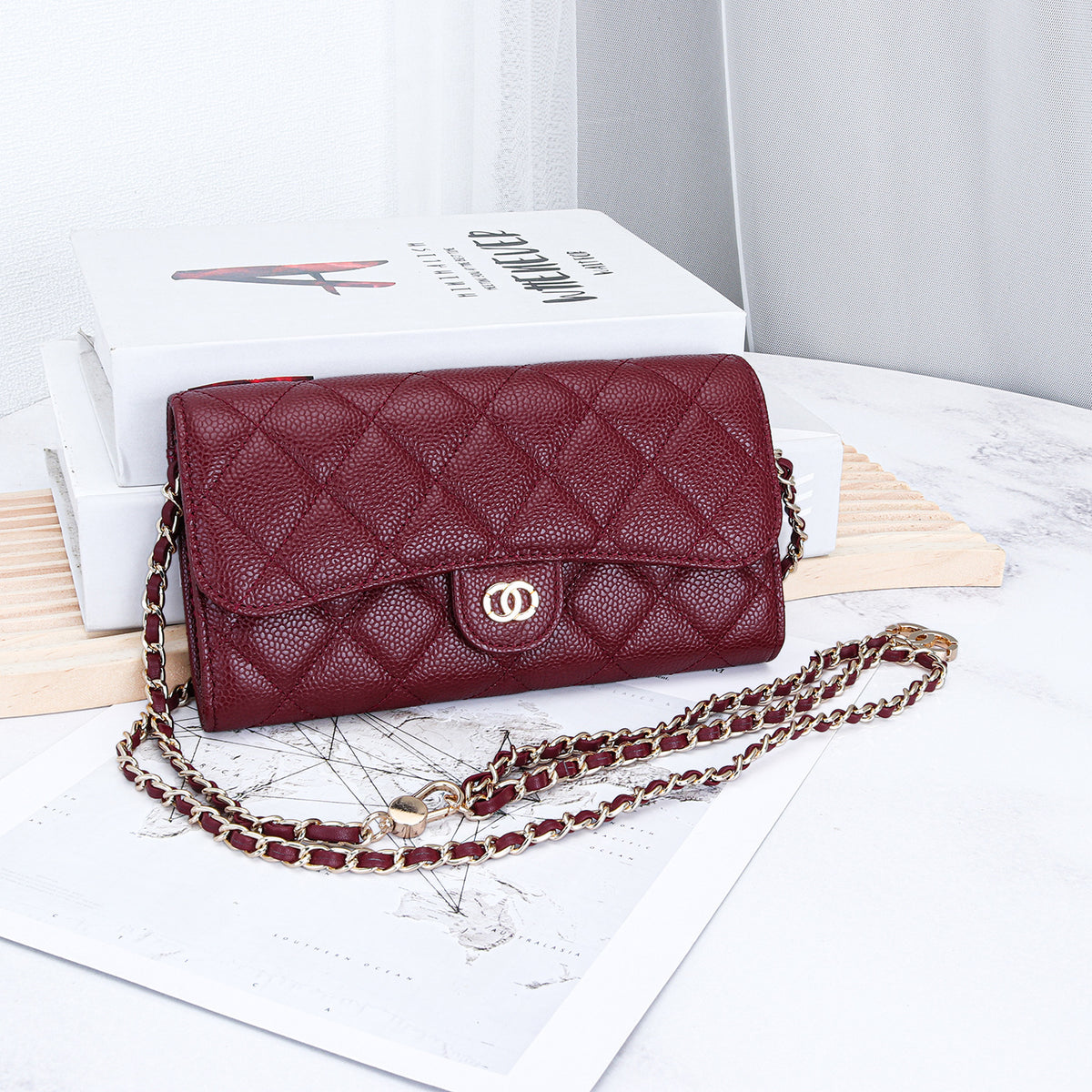 Women's Cowhide Caviar Long Large Capacity Clutch Rhombus Ladies Wallet