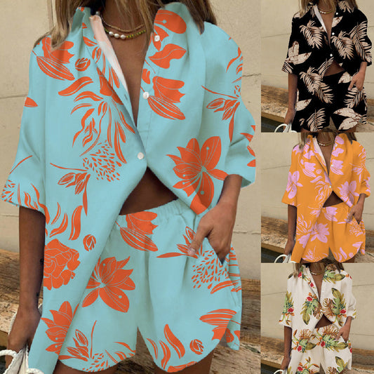 Women's Rollneck Shirt Printed Two-piece Set Wide Suits