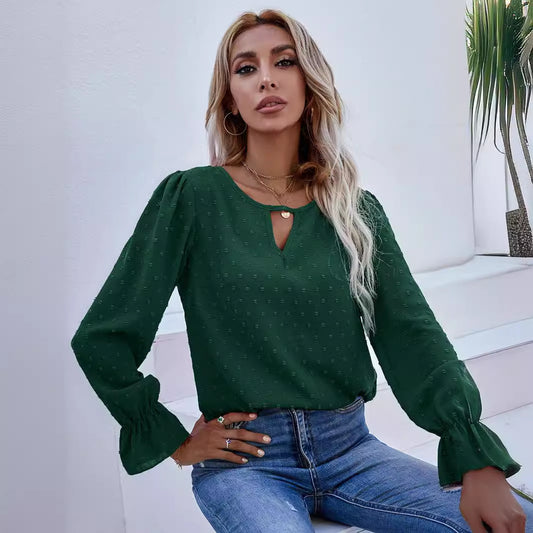 Women's Leaf Long Sleeve Jacquard Wave Point Blouses
