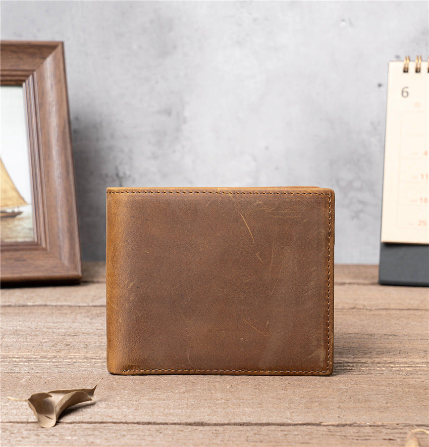 Men's Crazy Horse Leather Billfold Handmade Lettering Men's Wallets