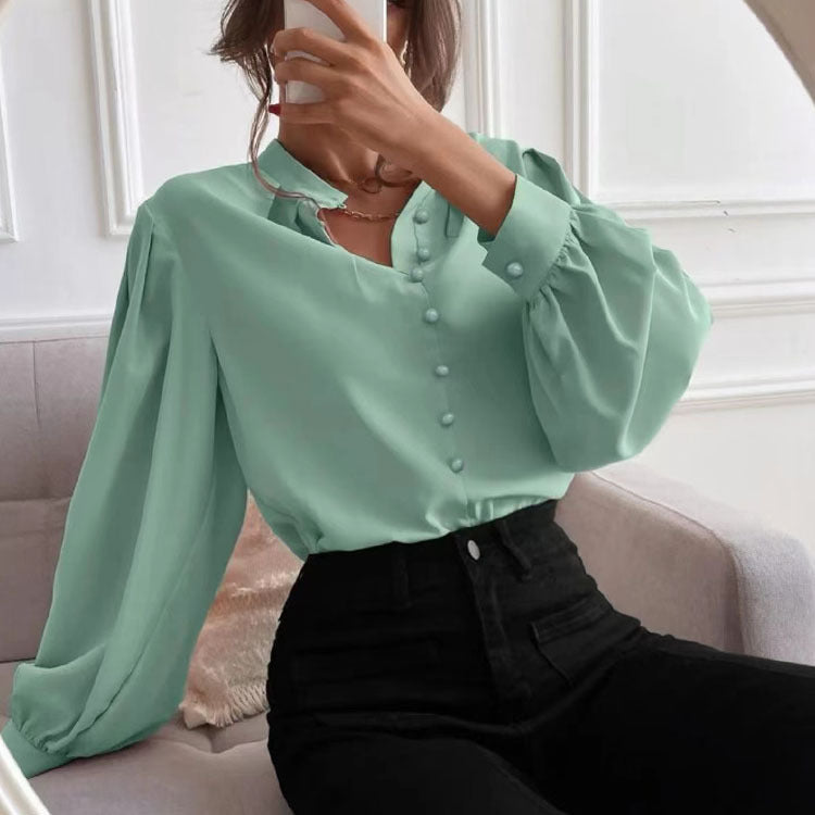 Women's Spring Elegant Solid Color Lapel Long Sleeve Blouses