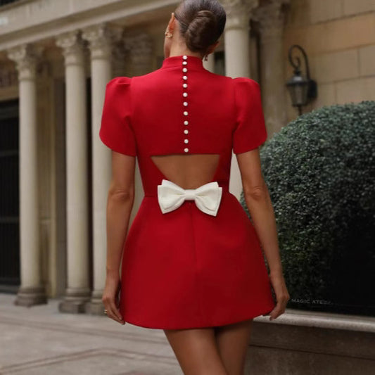 Half Turtleneck Back Hollow Dress Bowknot Skirts