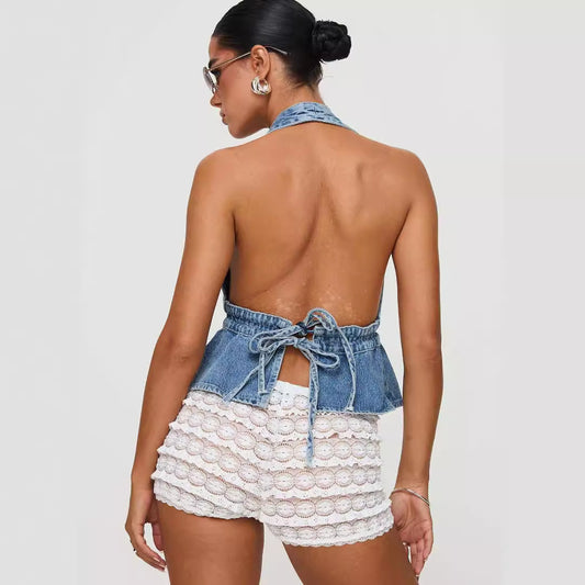 Fashion Sexy Washed Denim Exposed Back Tops
