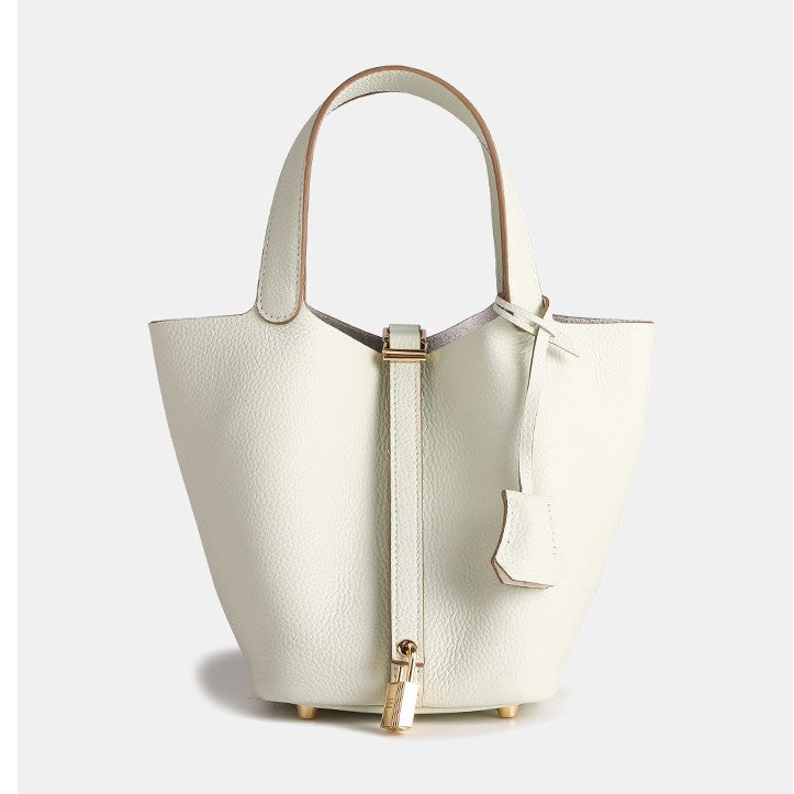 Layer Cowhide Lychee Pattern Solid Color Bucket Bags