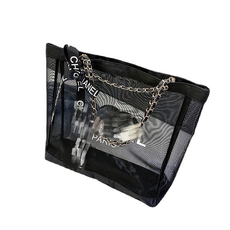 Women's Counter Nylon Screen Net Chain Black Tote Bags