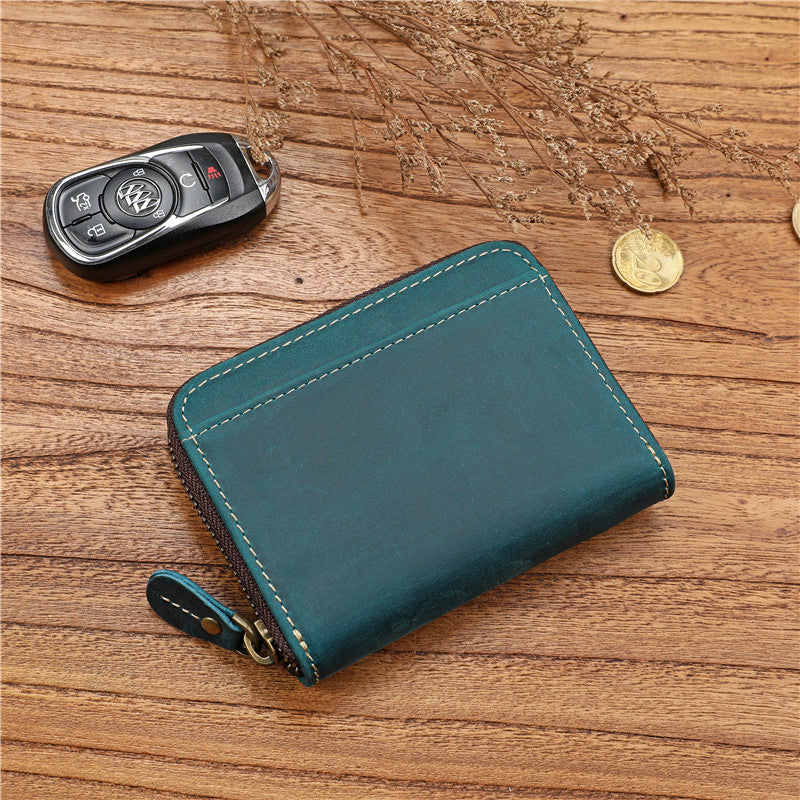 Men's Crazy Horse First Layer Cowhide Short Leather Zipper Simple Ladies Wallets