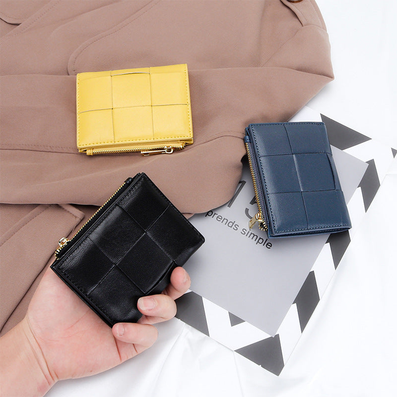 Women's Short Sheepskin Woven Fashion Folding Multifunctional Ladies Wallet