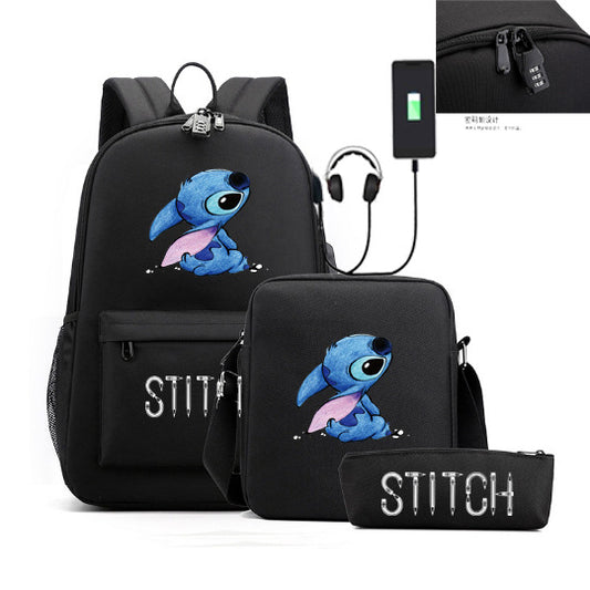 Cartoon Character Stitch Three-piece Male Female Backpacks