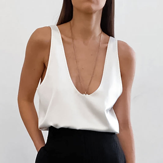 Women's Summer Solid Color Satin Sleeveless T-shirt Versatile Street Tops