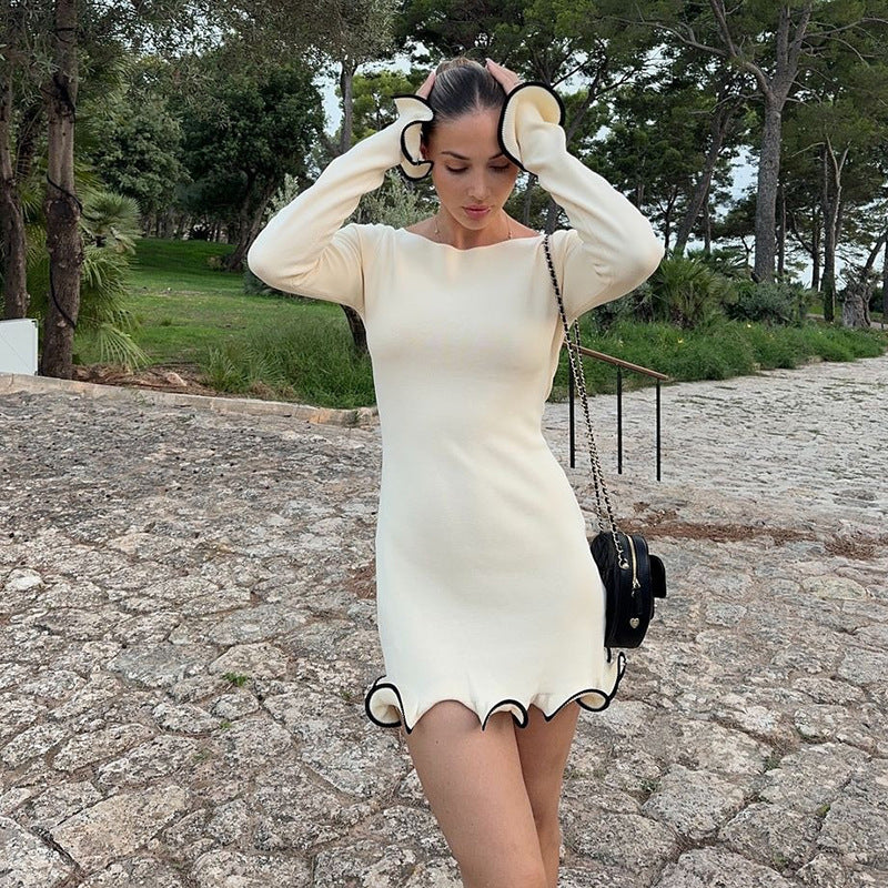 Women's Autumn Temperament Contrast Color Wave Curling Hem Dresses