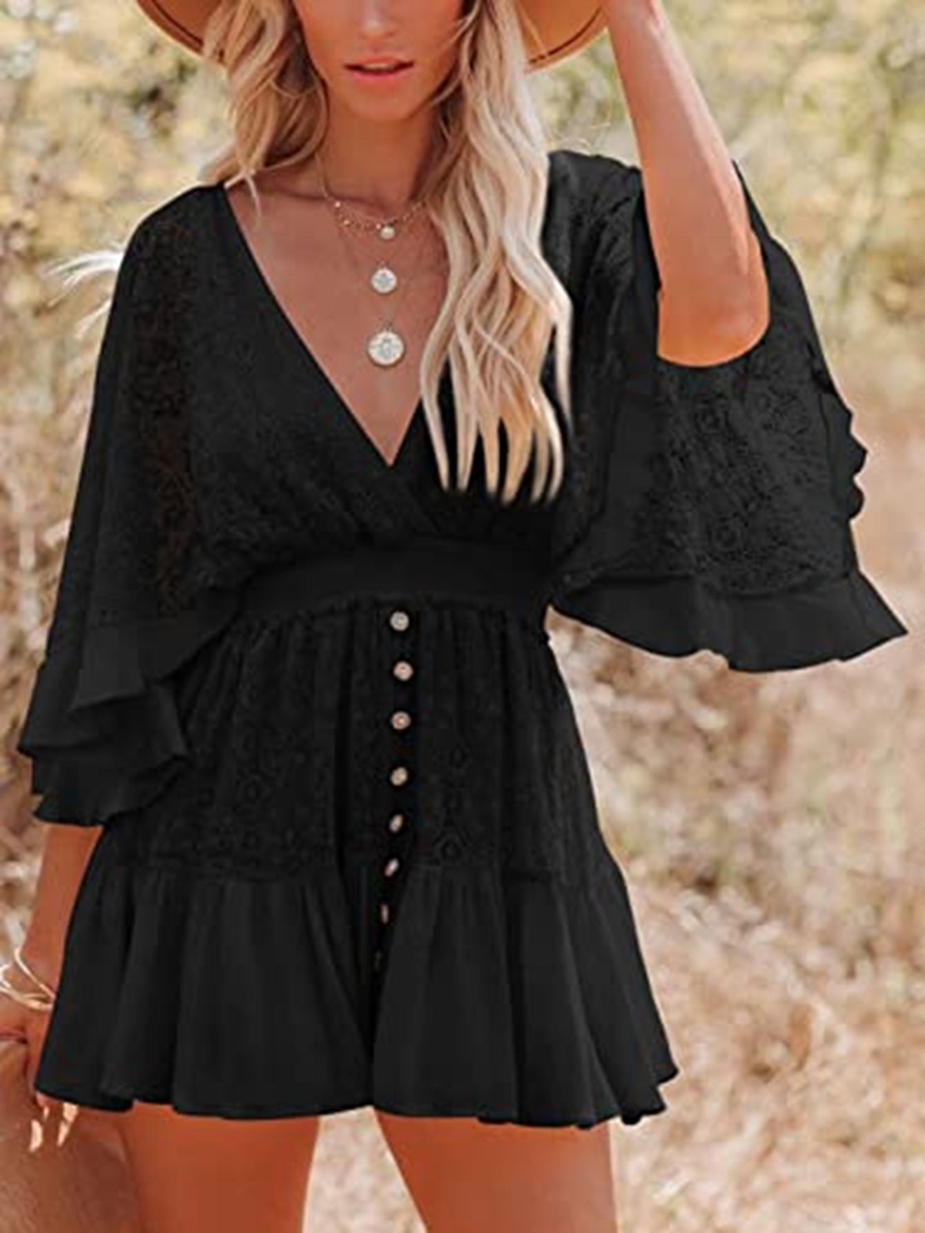 Autumn Lace Stitching Solid Color Batwing Dresses