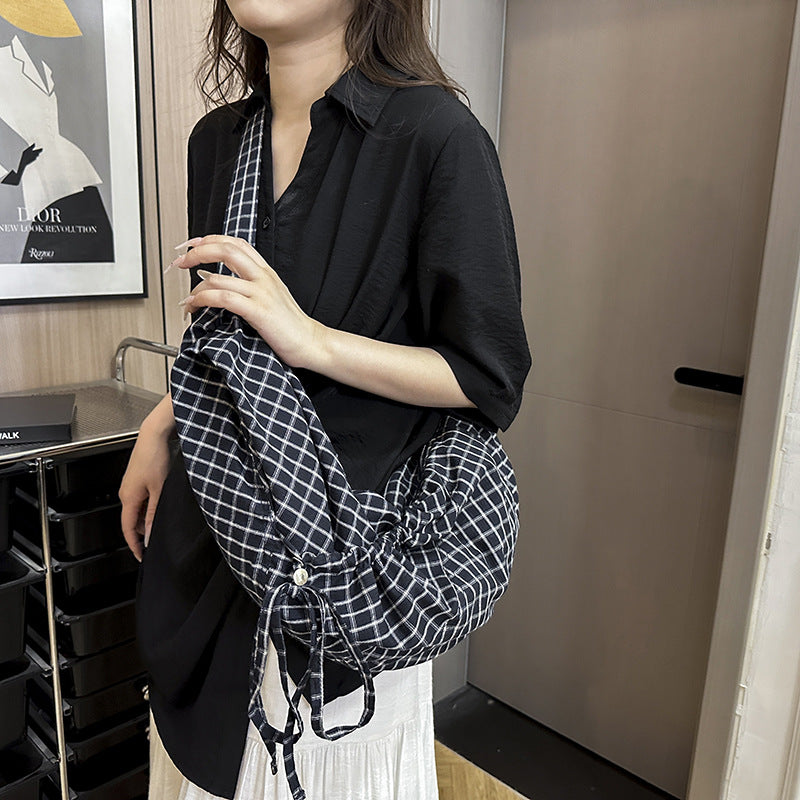 Women's Blue Plaid Drawstring Canvas Commute Large Bags