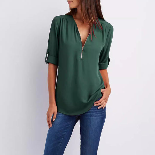 Women's Hosting Label Zipper Rollable Sleeves Chiffon Blouses