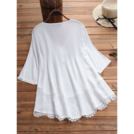 Women's Summer Jacquard Pleated Lace Hollow Out Blouses