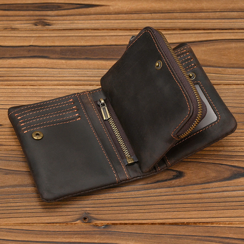 Leather Short With Zipper Pocket Snap Button Crazy Horse Two Men's Wallet