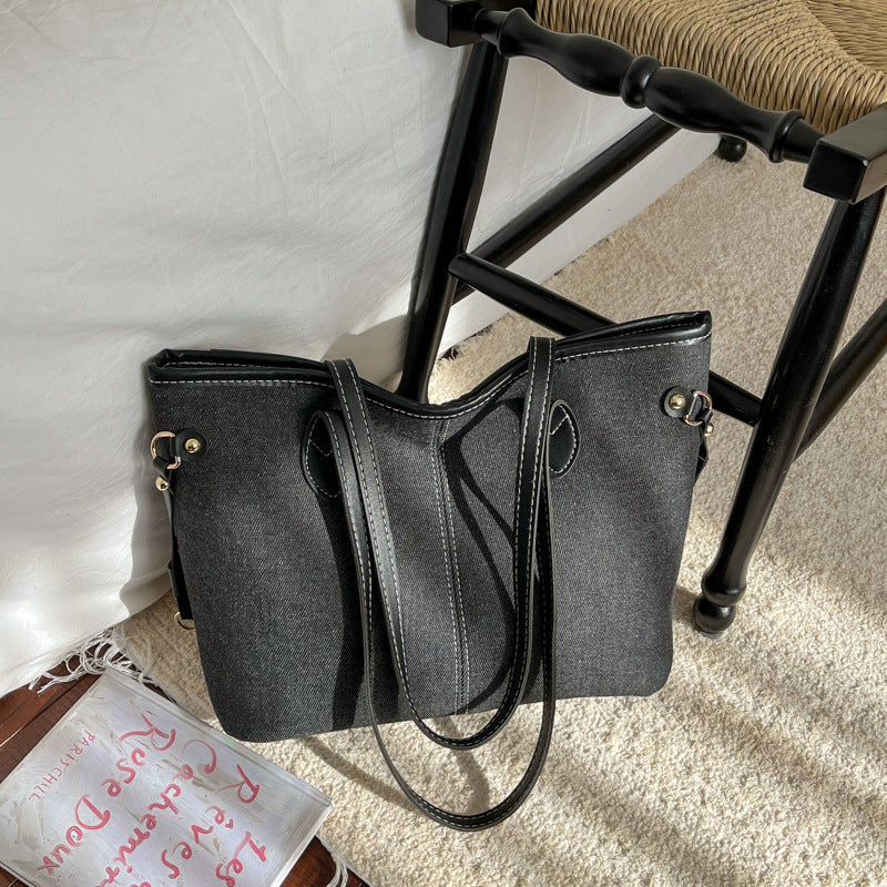 Women's Large Capacity Fashionable Denim Stitching Contrast Color Shoulder Bags