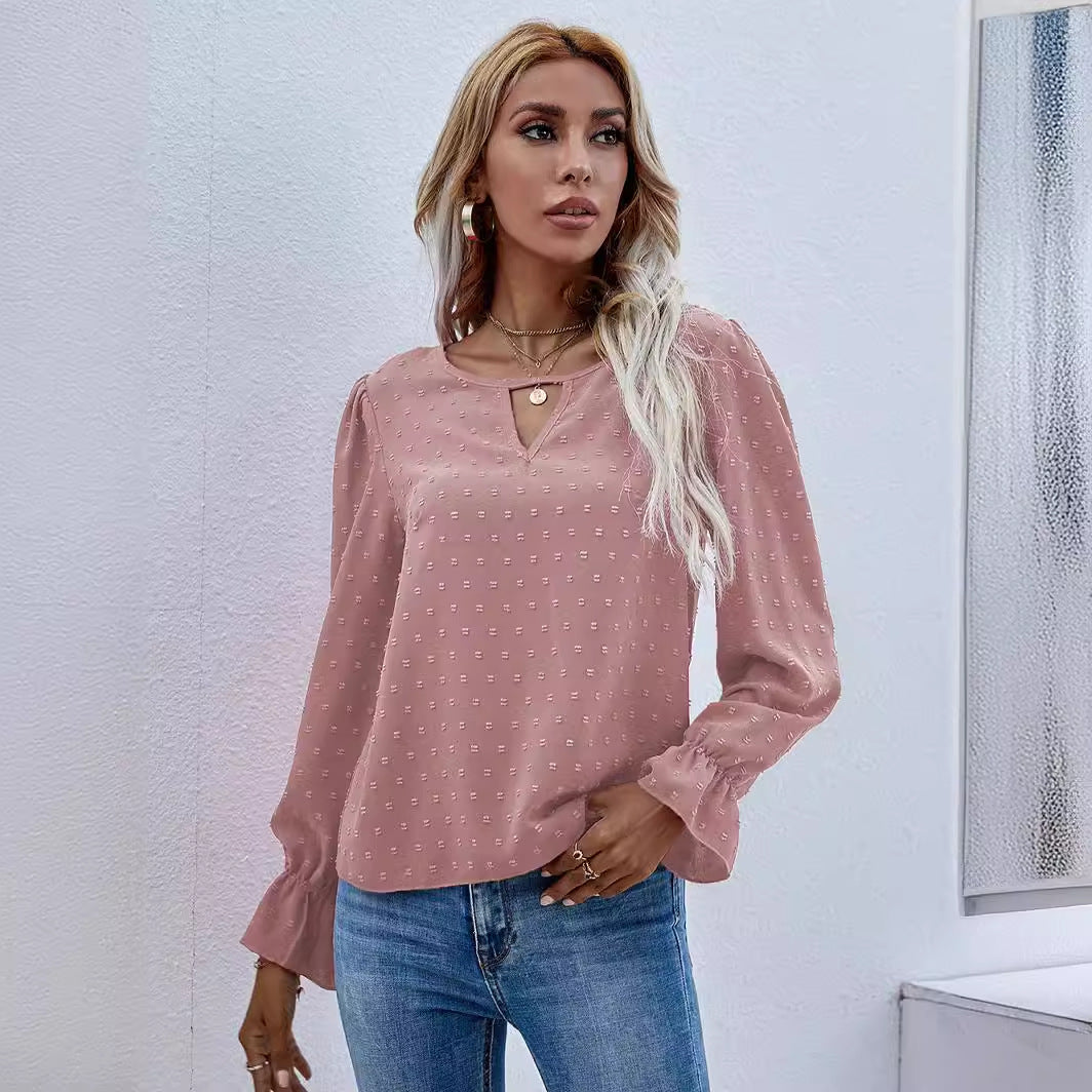 Women's Leaf Long Sleeve Jacquard Wave Point Blouses