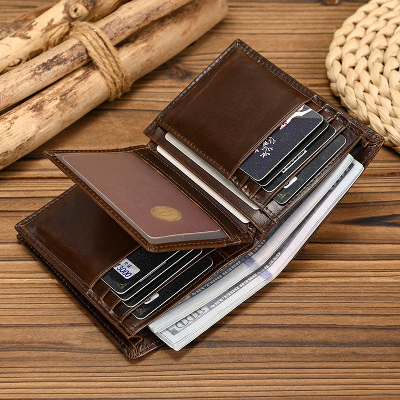 Women's & Men's Three-fold Genuine Leather For Swiping First Layer Cow Oil Two-fold Men's Wallet