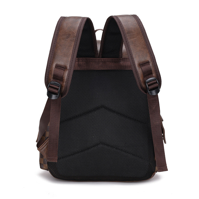 Men's Leather Fashion Plaid Large Capacity Leisure Backpacks