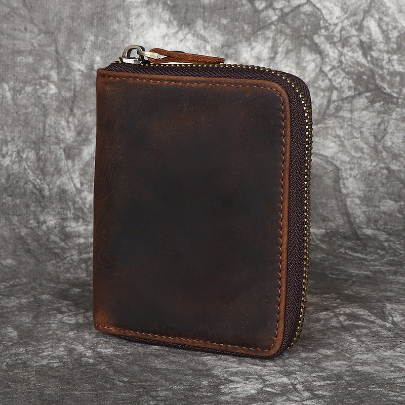 Men's Horse Leather Zipper Vertical Full First Layer Cowhide Retro Men's Wallets