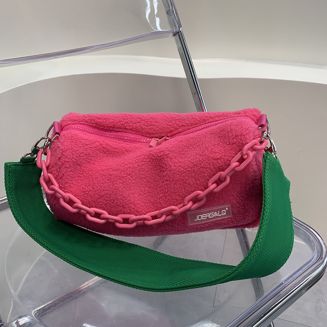 Women's Ge Plush Acrylic Chain Wide Strap Shoulder Bags