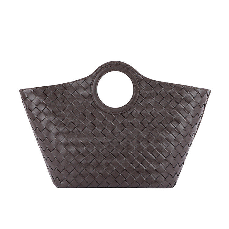 Women's Genuine Leather Fashion Classic Woven Portable Vegetable Basket Mother Rhombus Handle
