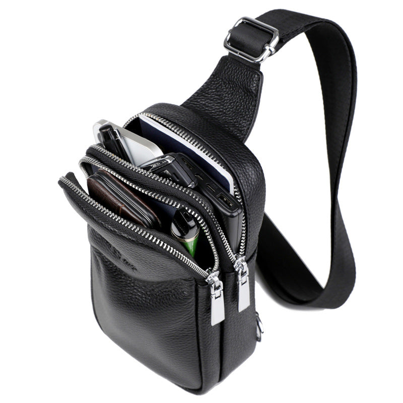 Women's & Men's & Leather Packet Double Zipper Soft Cowhide Men's Chest Bags