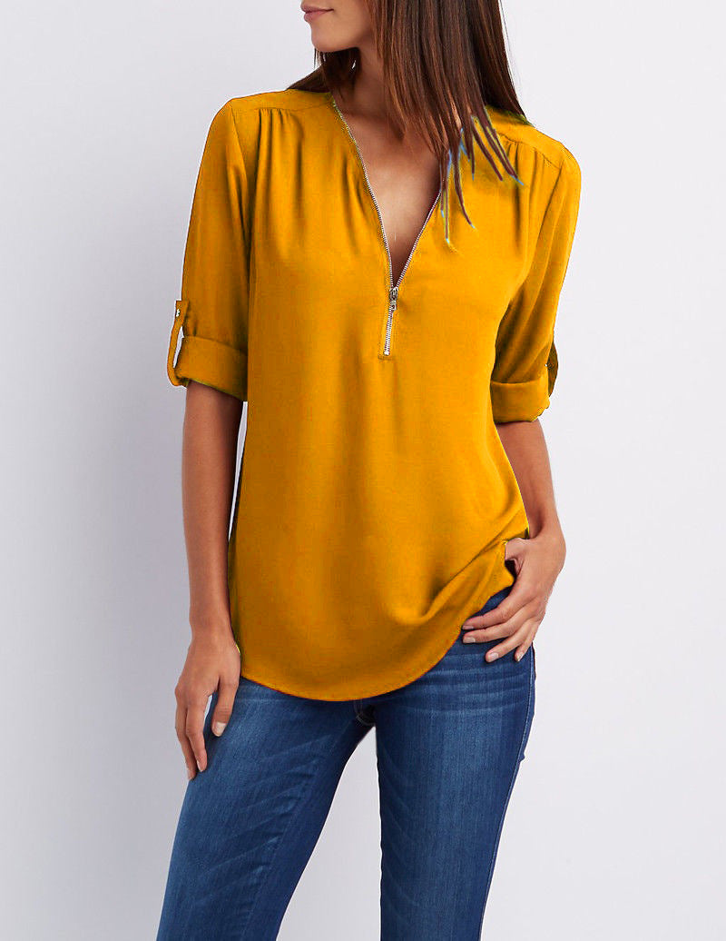 Women's Hosting Label Zipper Rollable Sleeves Chiffon Blouses