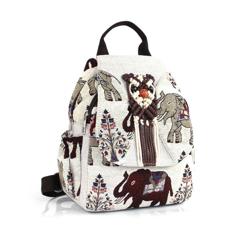 Layer Zipper Elephant Retro Hand-woven College Backpacks