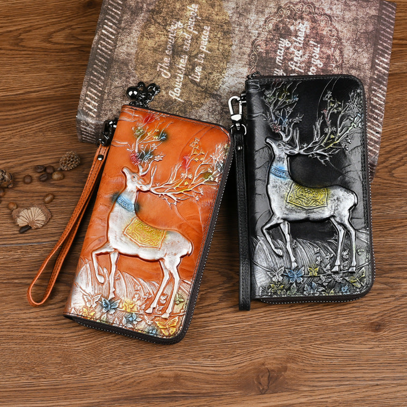 Cowhide Deer Head Embossed Multiple Slots Purses