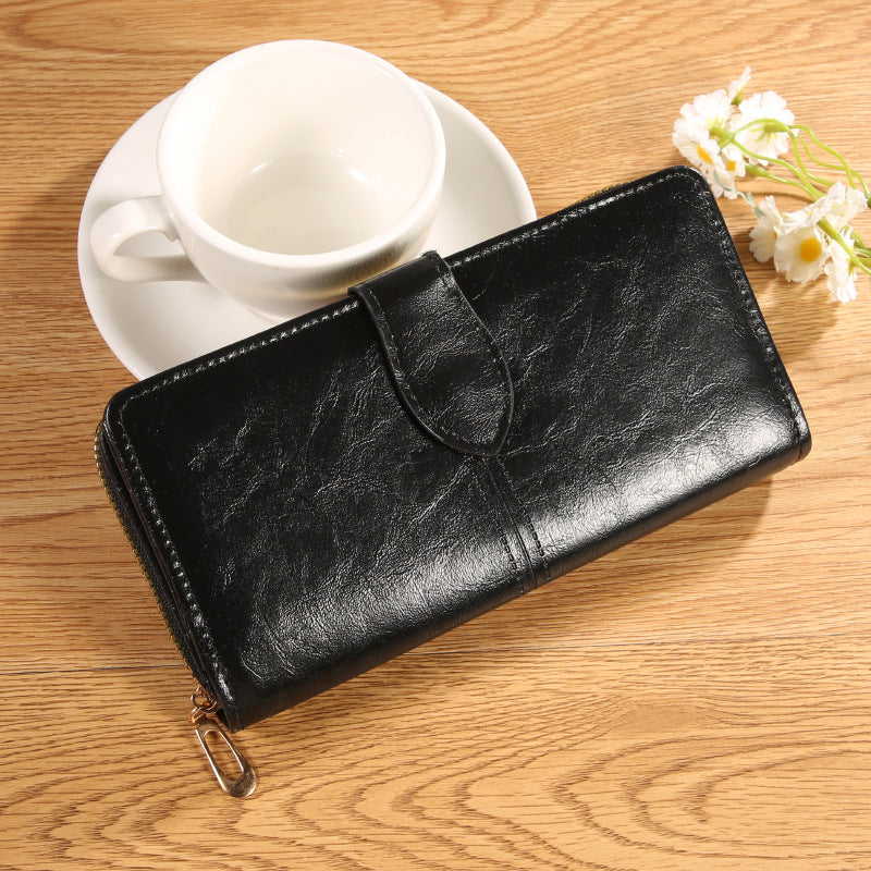 Women's Oil Wax Leather Long Zipper Large Ladies Wallet