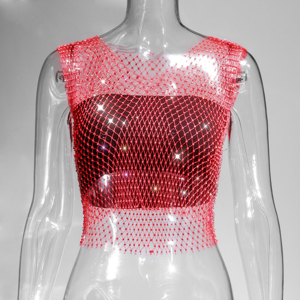 Women's Charming Summer Rhinestone Mesh T-shirt Tops