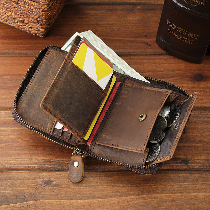 Men's Horse Leather Zipper Vertical Sier Generation Multiple Slots Men's Wallets